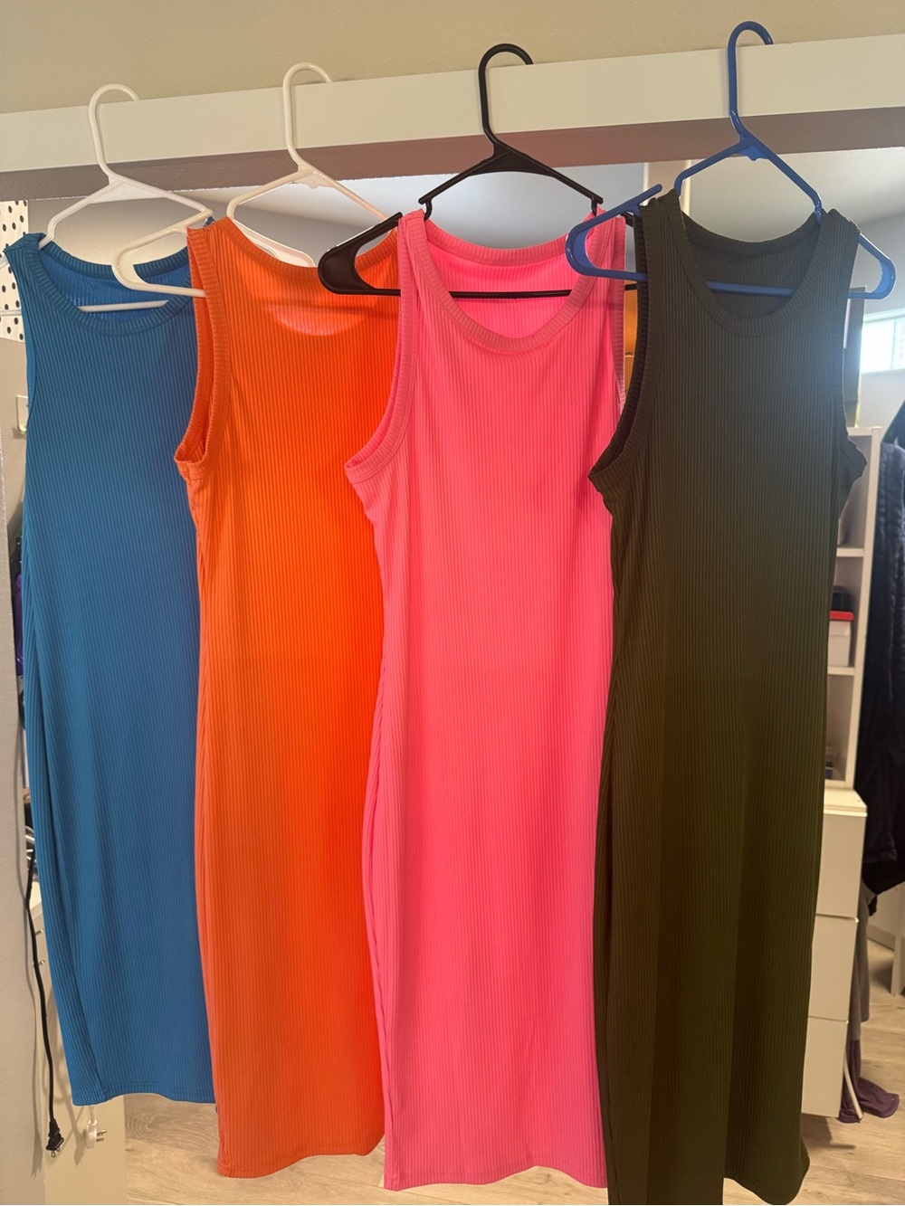 Like New! Set of 4 Ribbed Maxi Dresses - Blue, Peach, Pink, Olive, Sz LG